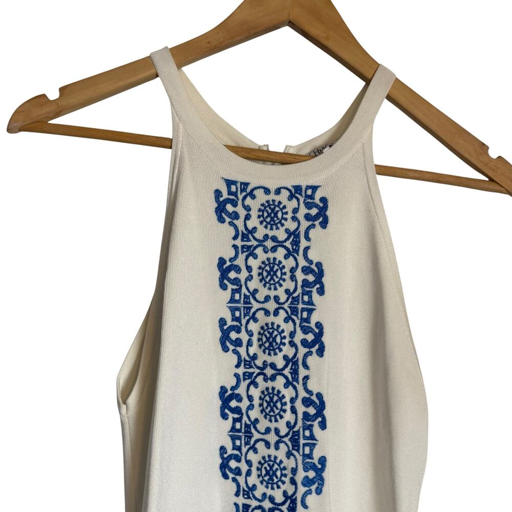 Parker Cheryl White Blue Embroidery Knit Halter Fit & Flare Preppy Coastal Dress - Picture 6 of 16